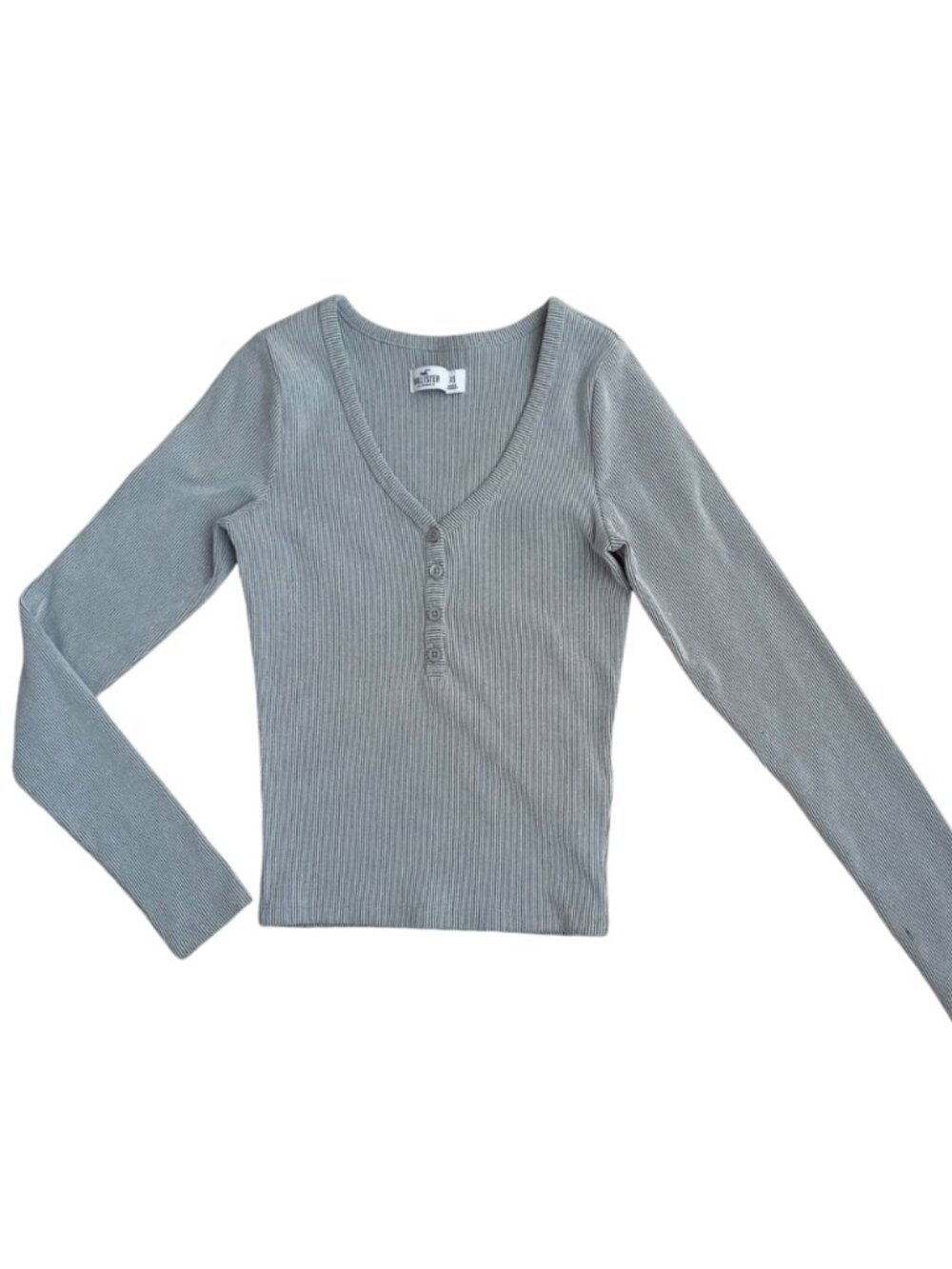 Hollister Grey Ribbed Long Sleeve Henley Crop Top, Size XS